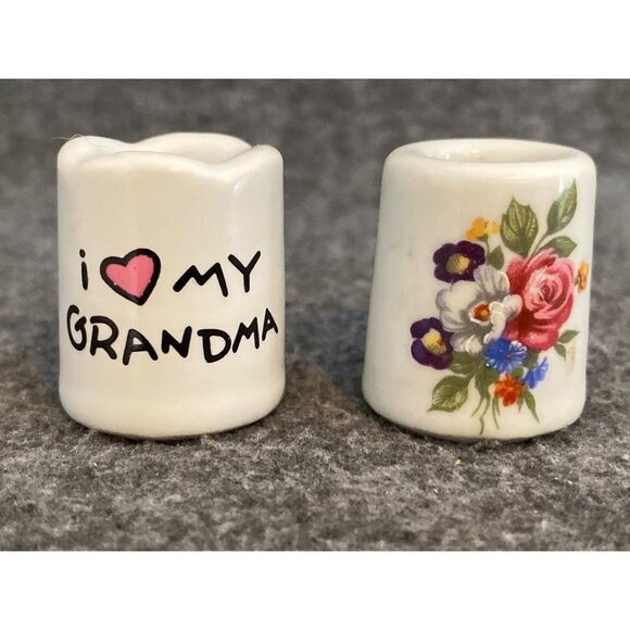 Vintage Ceramic Mini Candle Holders With "I ❤️ My Grandma" Text & Floral Design - Picture 5 of 9